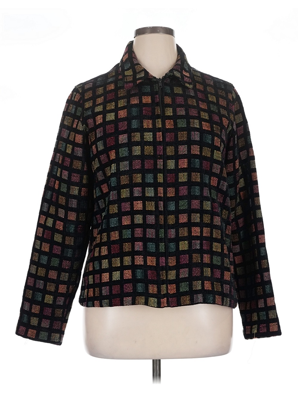 DressBarn Womens Multicolor Grid Zip-Front Jacket